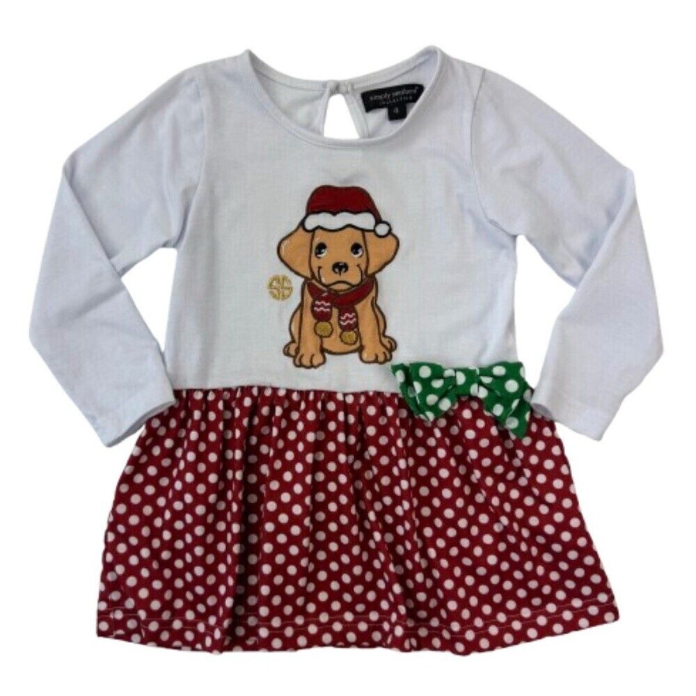 Simply Southern Girls Christmas Dog Dress Polka Dot Red White Green Bow Size 4